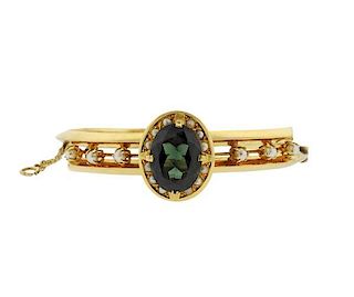 Antique 18K Gold Green Stone Pearl Bangle Bracelet
