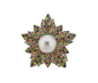 18K Gold Pearl Multi Color Stones Floral Brooch Pin
