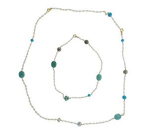 David Yurman 18k Gold Pearl Turquoise Necklace Bracelet Lot