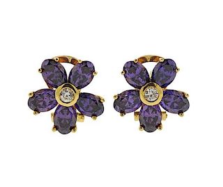 18K Gold Diamond Purple Stone Flower Earrings