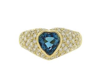 18K Gold Diamond Blue Stone Heart Ring