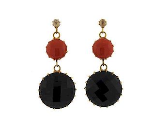 18K Gold Diamond Black Stone Orange Stone Earrings