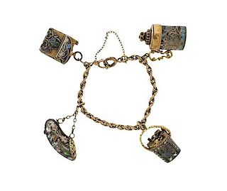 Antique 14K Gold Silver Enamel Multi Stone 3D Charm Bracelet