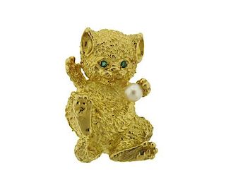 18K Gold Pearl Emerald Kitten Brooch Pin