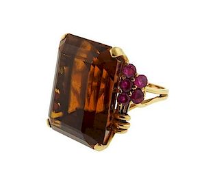 Retro Large 15K Gold 70ct Topaz Ruby Cocktail Ring