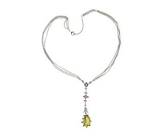 18K Gold Diamond Multi Color Gemstone Drop Necklace