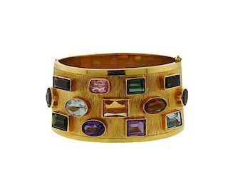 18K Gold Multi Color Gemstone Wide Bangle Bracelet