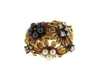 1960s 18K Gold Pearl Diamond Floral Motif Ring