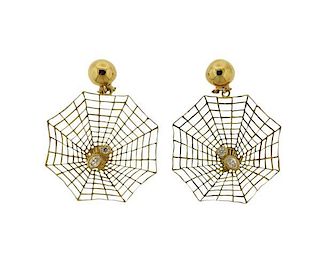 18K Gold Clear Stone Spiderweb  Earrings