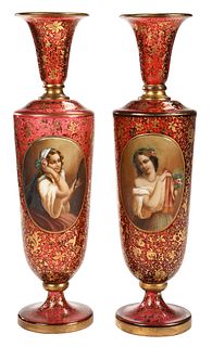 Pair of Bohemian Gilt Cranberry Glass Portrait Vases