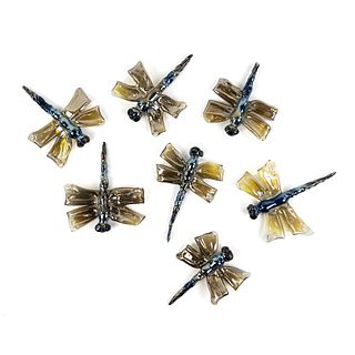 (7) Hand Blown Blue & Gold Art Glass Dragonflies