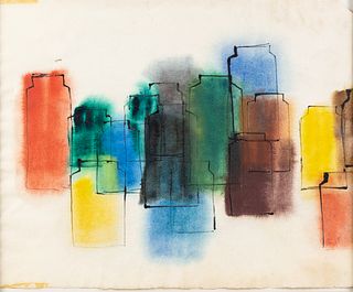 Zilla Sussman Abstract Multi-Colored Bottles WC Painting