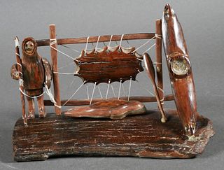 Inuit Mammoth Ivory Seal Hunt Sculpture