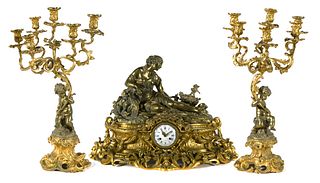 DENIERE 19C French Bronze Clock & Candelabra