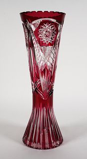 Bohemian Cranberry Cut to Clear Tall Vase