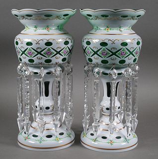 Antique Bohemian White Green Czech Glass Lusters