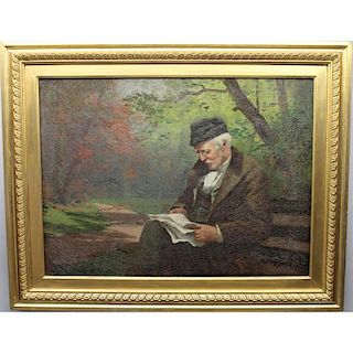 Signed 19th C. Man Reading in Park O/C