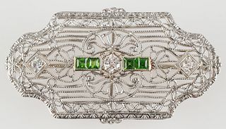 Edwardian Diamond and Emerald 14K Brooch