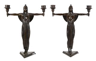 Pair Antique Bronze Egyptian Revival Candlesticks