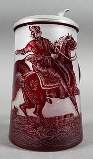 Bohemian Etched Ruby Glass Beer Stein