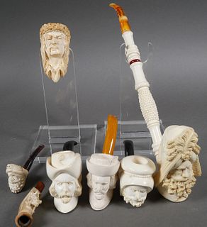 Seven Figural Turkish Meerschaum Pipes and Cheroot