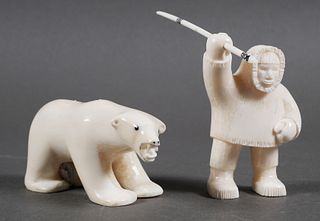 Signed Inuit Polar Bear Hunt Walrus Ivory Carvings