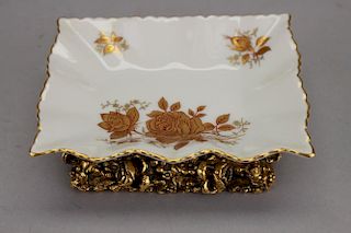 Antique Gilt Floral Porcelain Dish, Bronze Base