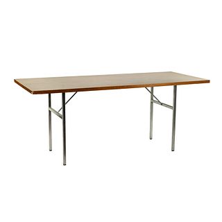 Modern Faux Wood & Chrome Steel Rectangular Table 