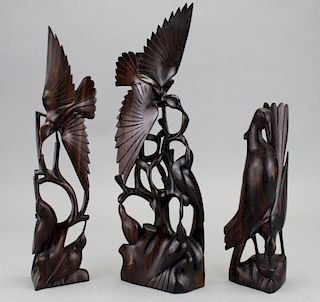 (3) Carved Wooden Indonesian Birds of Prey