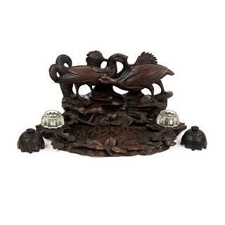 Black Forest Carved Wood Pheasants Inkwell