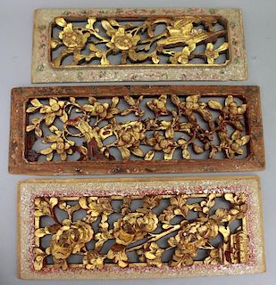 (3) Carved Chinese Gilt Floral Reticulated Panels