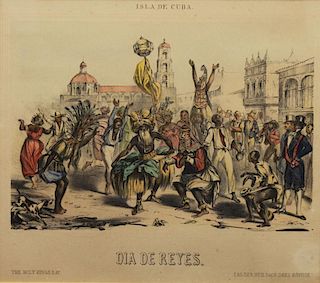 Antique "Dia De Reyes" Colored Engraving, Cuba