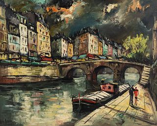 Adrien Beauval Paris on Seine O/C Painting