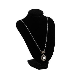 Sterling Silver & Marcasite Cameo Pendant Necklace