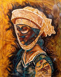 Large Impasto Woman in Headdress O/C Portrait Painting