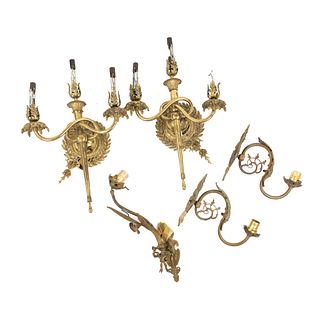 (5) Antique Ornate Brass Wall Sconce Candelabras