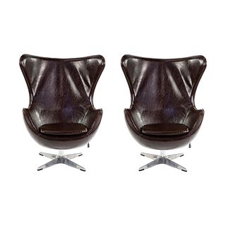 (2) Dark Brown Leather Egg Chairs - a Pair