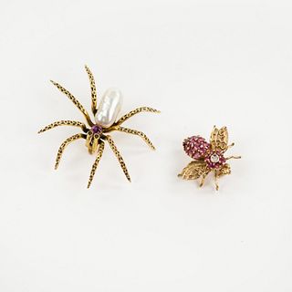(2) Grouping of Ruby and Gold Insect Brooches