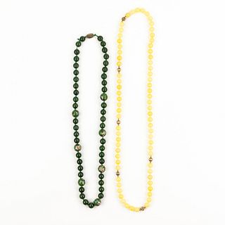 (2) Yellow Jade and Green Glass Bead Necklaces