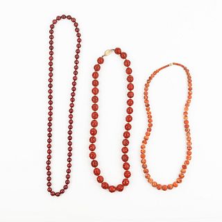 (3) Beaded Coral, Cinnabar, and Glass Bead Necklaces