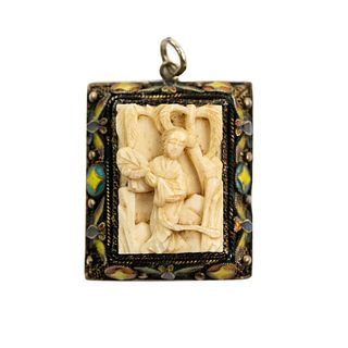 Chinese Carved Bone and Enamel Pendant Cameo Charm