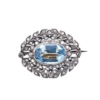Antique Gold Platinum 4.50ct Aquamarine Diamond Brooch