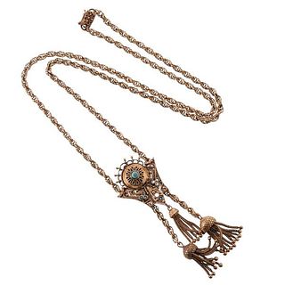Antique Victorian 14k Gold Turquoise Locket Tassel Necklace