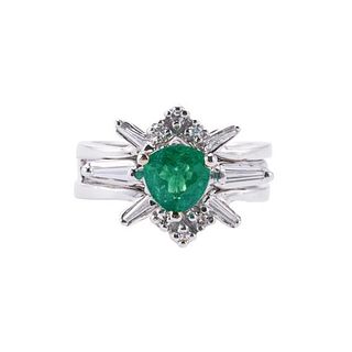 Platinum Gold Diamond Emerald Engagement Ring Guard Enhancer Set