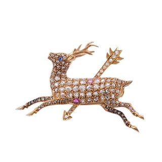 18k Gold Diamond Ruby Sapphire Deer Brooch 