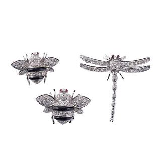 18k Gold Diamond Ruby Onyx Bee Dragonfly Insect Brooch Lot of 3