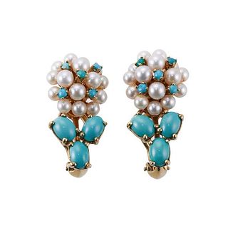 Midcentury 14k Gold Pearl Turquoise Earrings