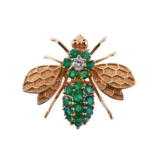 14k Gold Diamond Emerald Bee Insect Brooch Pin