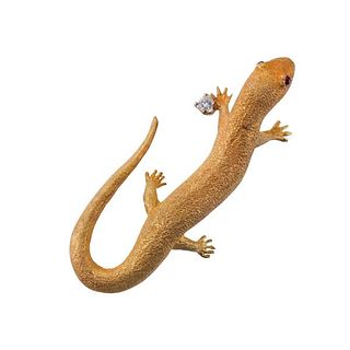 18k Gold Diamond Ruby Lizard Gecko Brooch Pin