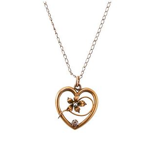 Antique Art Nouveau Gold Diamond Pearl Heart Pendant Necklace